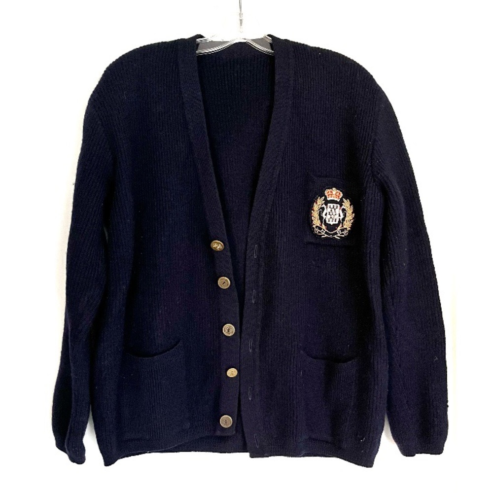 Woolmark 100% Wool Navy Blue Button Cardigan Sweater Crest Sailor Vintage France